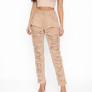 DAZL Shredded Ladder Cut Out Distressed Tan Pants Size 14